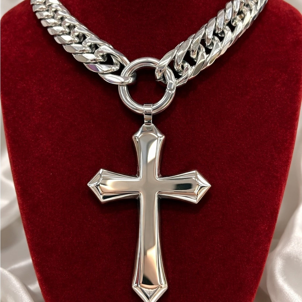 Chunky Silver Cross Pendant Necklace 16inch , stainless steel